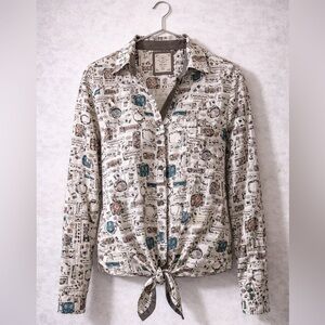 Style & Co. Travel Print Tie-Front Blouse | Vintage-Inspired | Women’s Larg